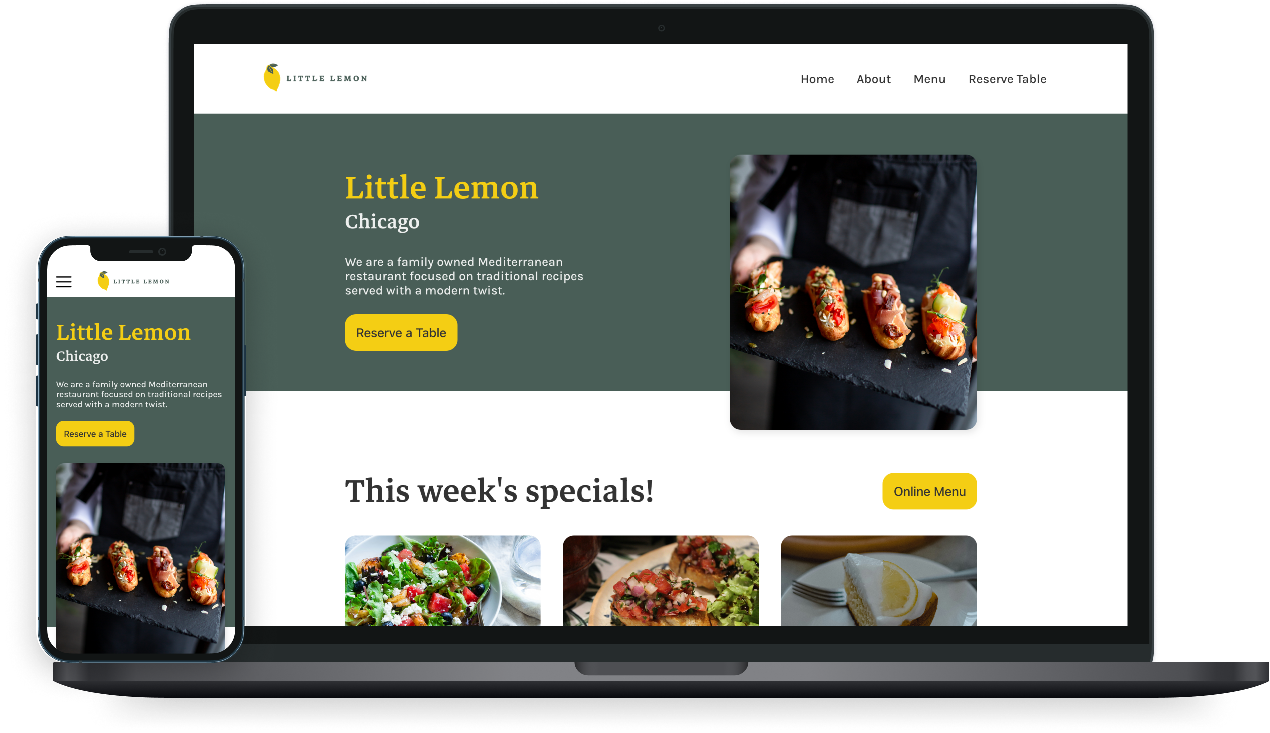 Desktop and mobile displays showing homepage and hero section.