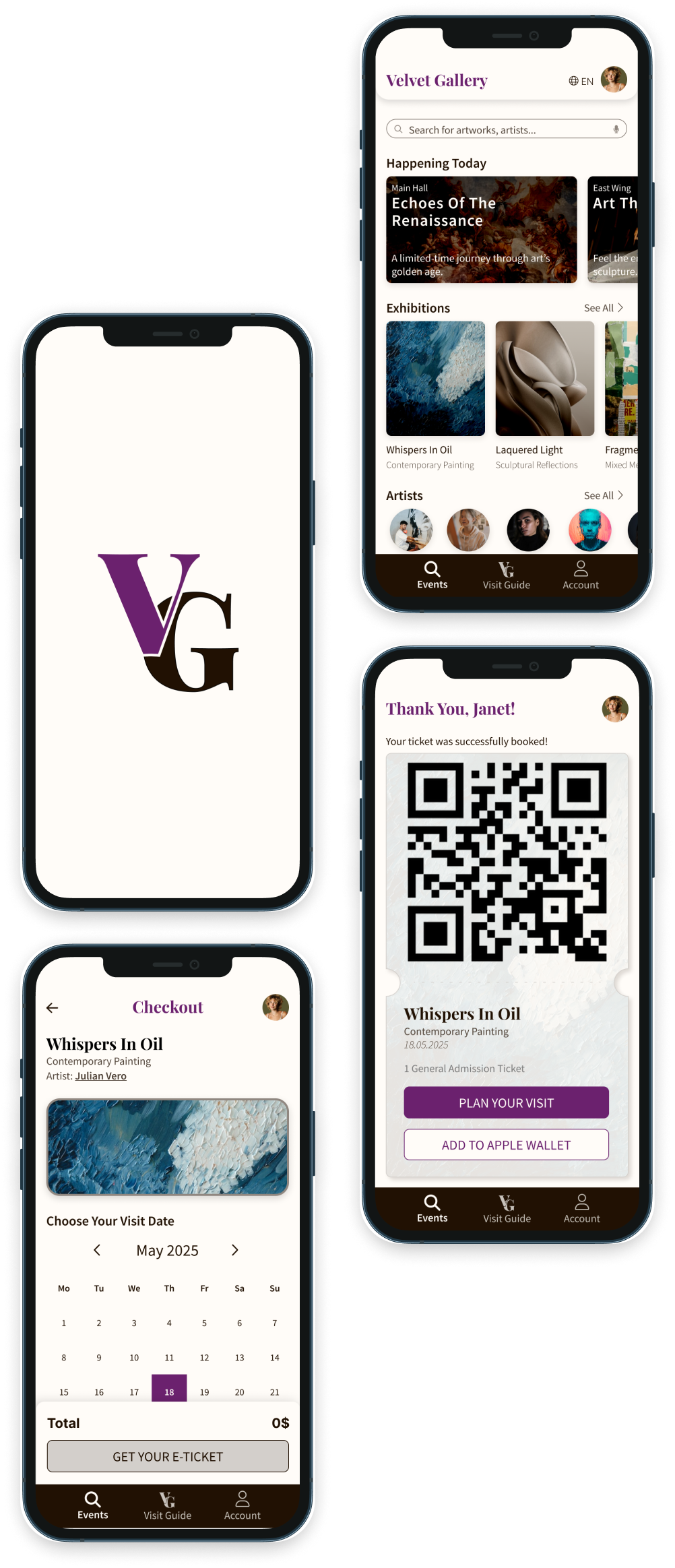 Key mobile screens showing the logo, homepage, booking view, and ticket view.
